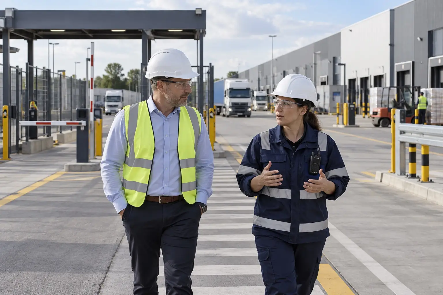 An adviser and operations supervisor review access arrangements at a logistics site.